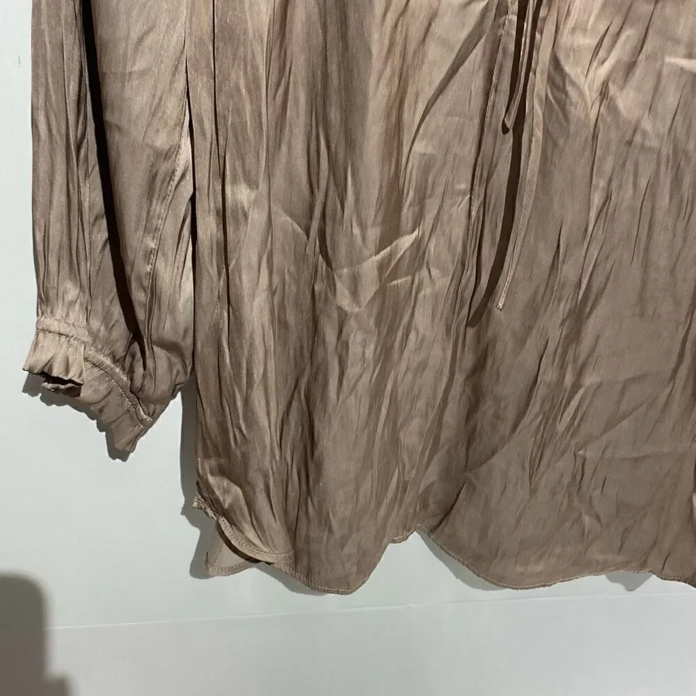 Carmen Marc Valvo Women's Taupe Tan Ruffles Neck Tie Satin Blouse Top Large‎ - Picture 4 of 8